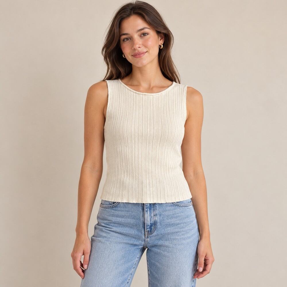 Marled Womens Large Ivory Ribbed Knit Sleeveless Sweater Tank Minimalist Top